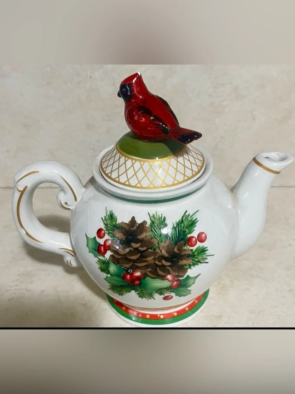 Holiday Pinecone & Cardinal Ceramic Teapot - Red Cardinal Accent